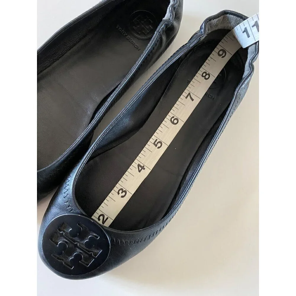 Tory Burch Minnie Travel Ballet Flats 6.5 Black Napa Leather Logo Shoes‎